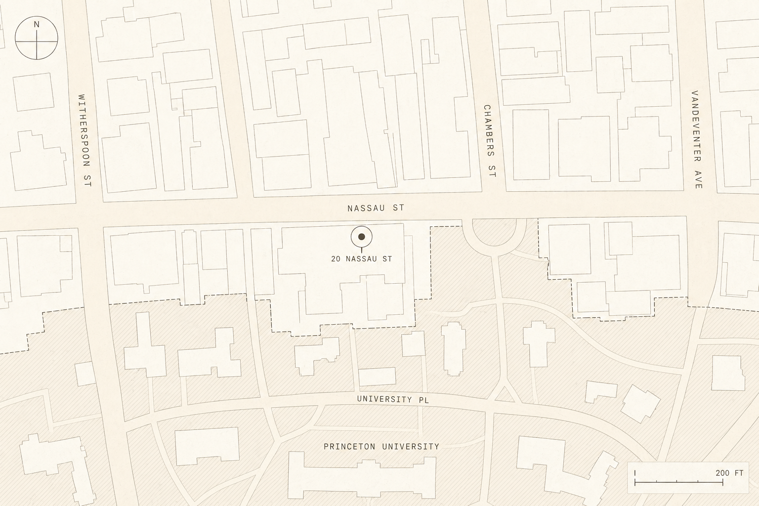 Map of the Nassau Street area in Princeton, with 20 Nassau Street pinned.