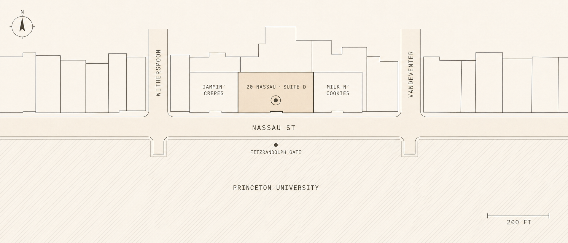 Detail map showing the storefronts on the north side of Nassau Street, with 20 Nassau Suite D between Jammin' Crepes and Milk N' Cookies.