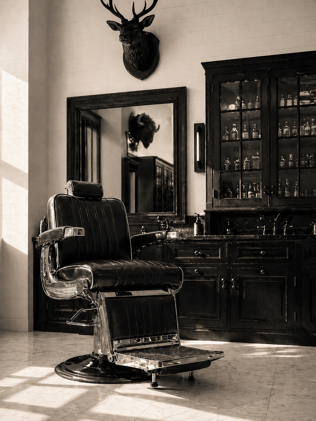 Barber chair, mirror, mounted stag head and apothecary cabinet — Nassau Barbers interior