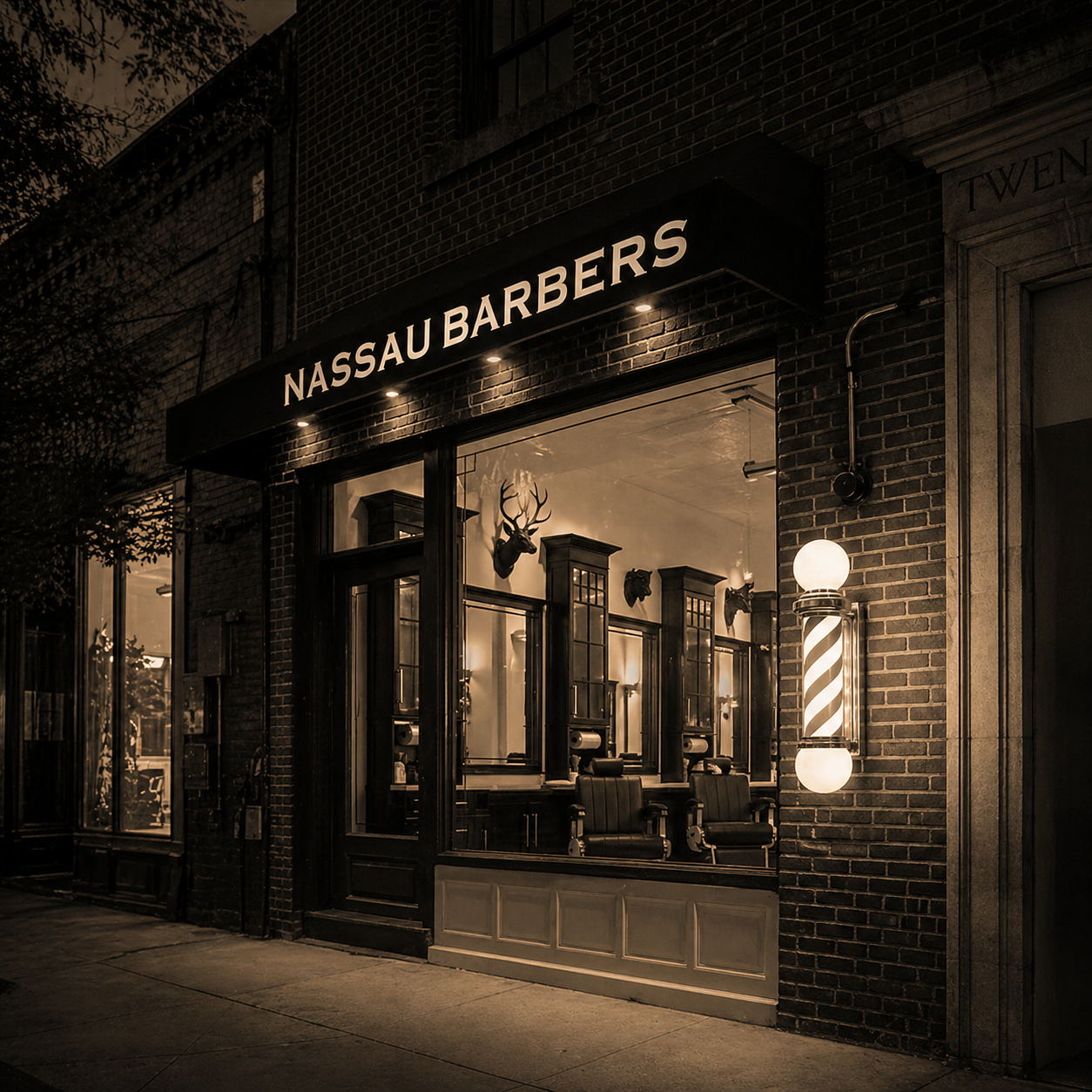 Nassau Barbers storefront with black awning and candy-stripe pole