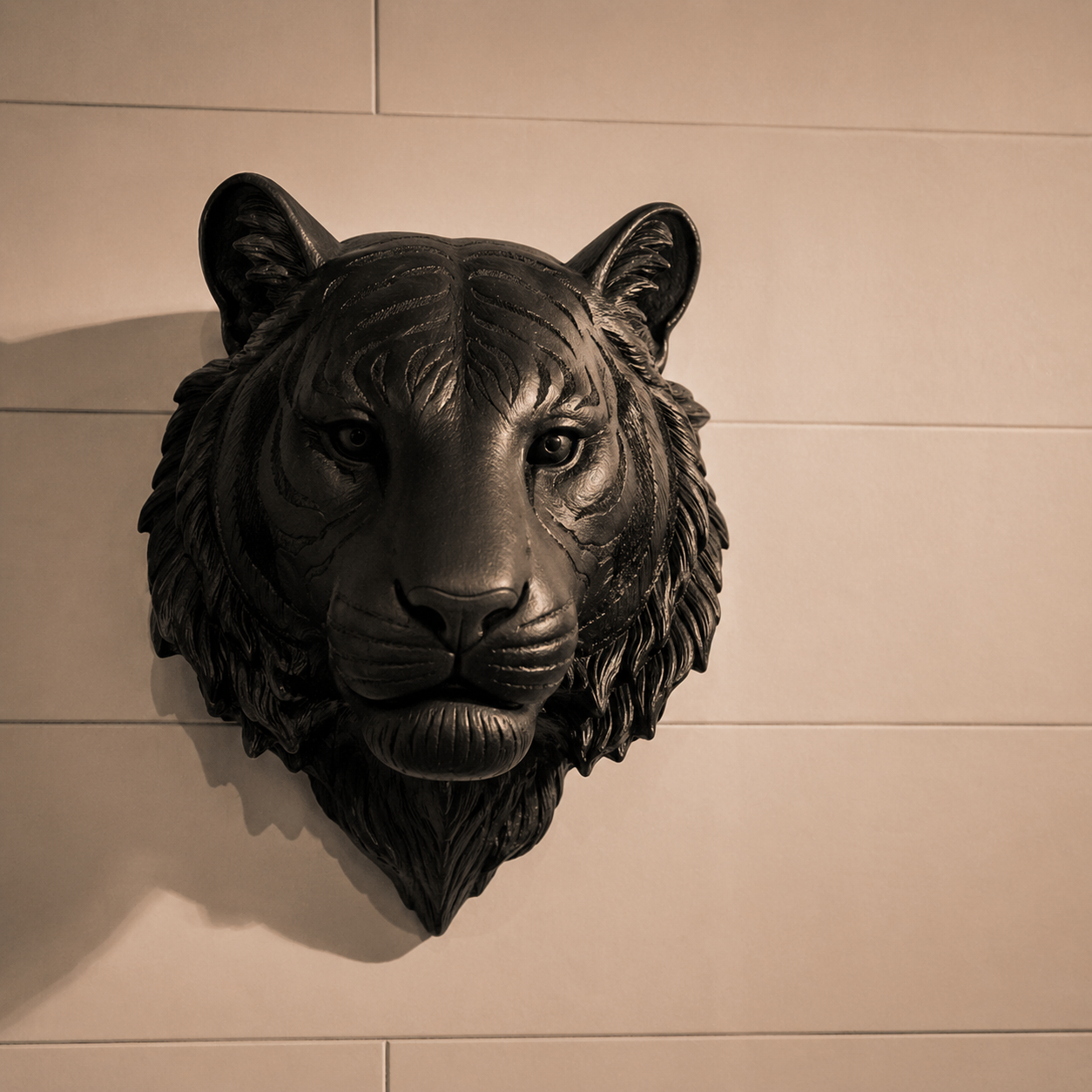 Mounted tiger head, eye level