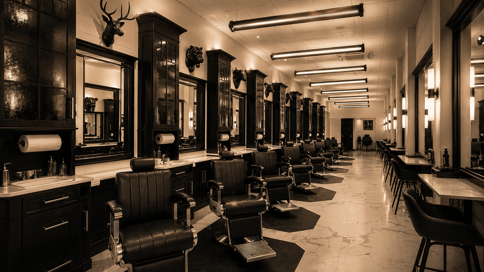 Wide view of barbershop interior with leather chairs and mounted heads on the back wall