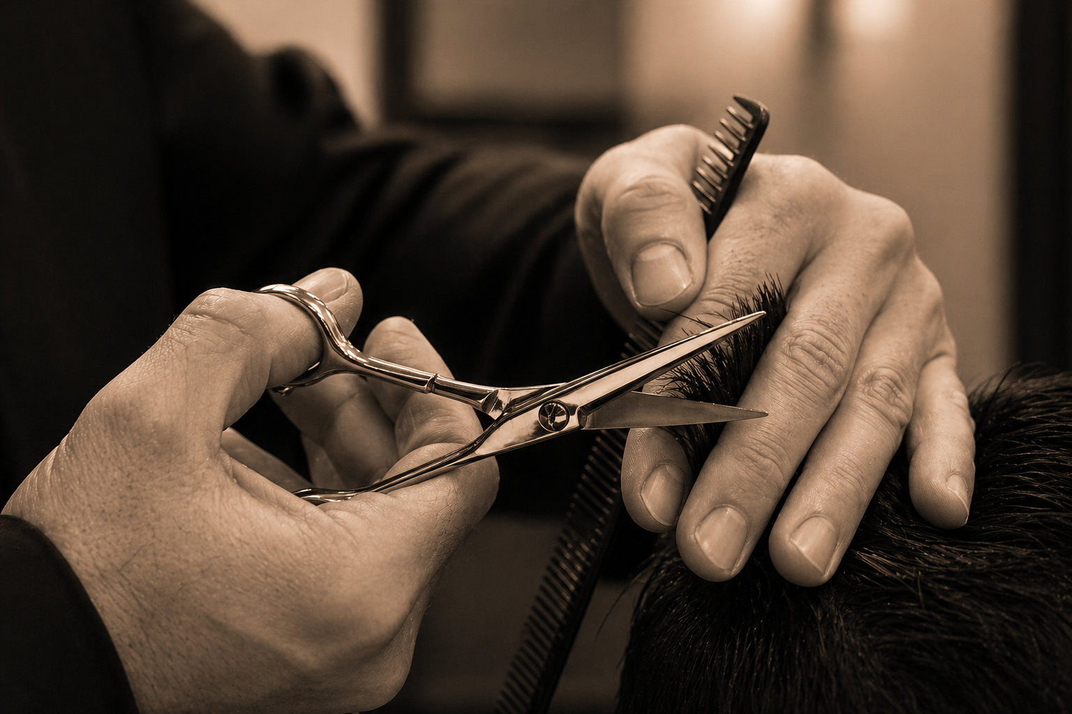 Barber's hands at work, scissors mid-cut