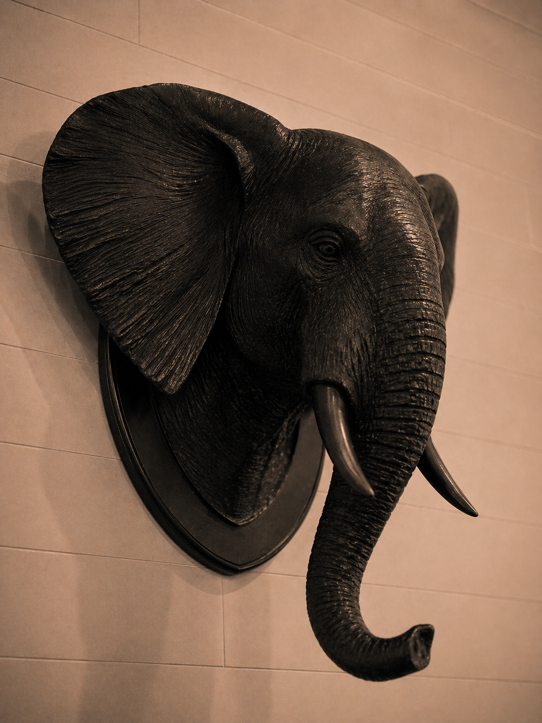 Mounted elephant head, three-quarter view
