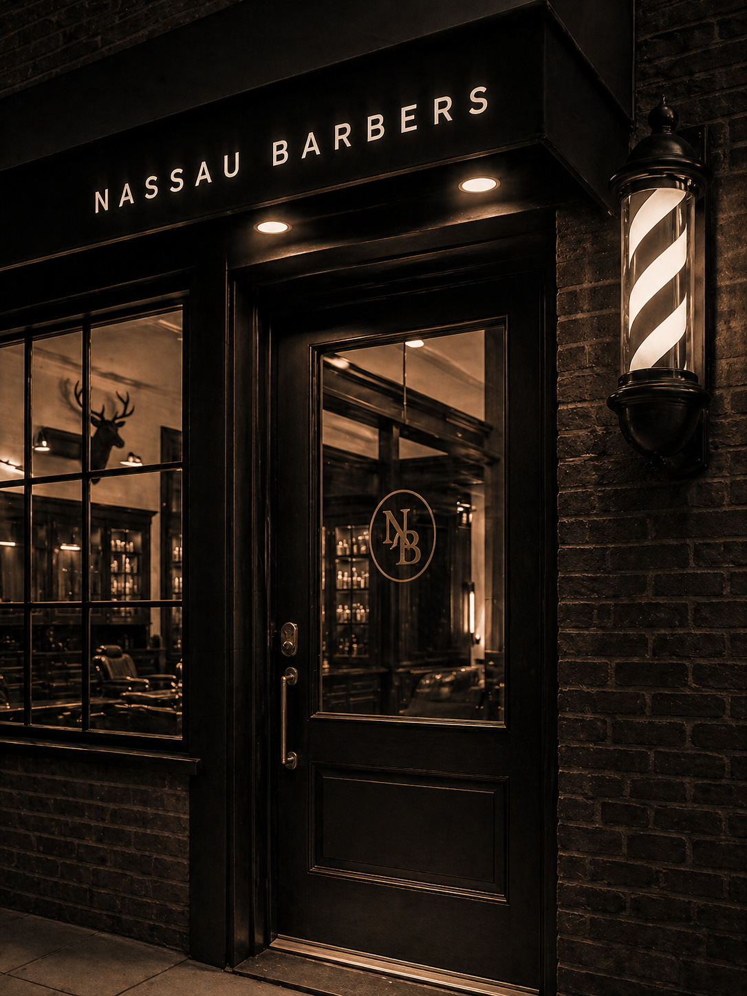 Storefront door at dusk, awning lit